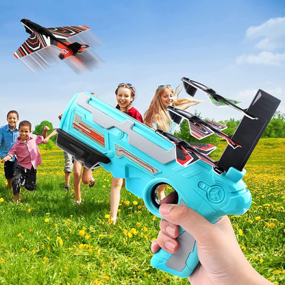 Wukusy 4710 airplane launcher gun toy with foam glider planes, outdoor kids' toy for air battles, includes 5 foam planes.