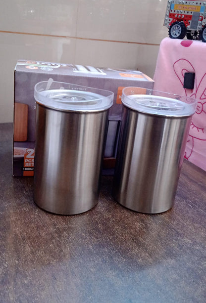 Wukusy stainless steel airtight containers with clear lids, 2-piece set, 1000 ml capacity, ideal for kitchen storage.