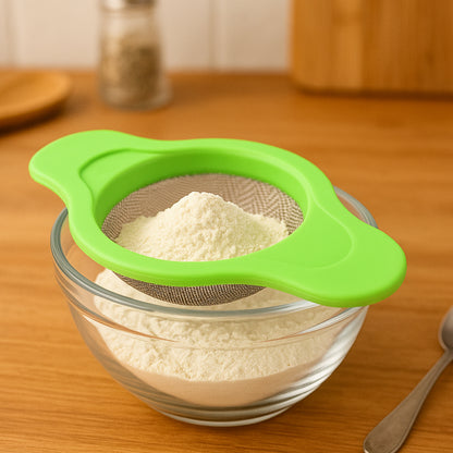 Wukusy stainless steel mesh strainer with dual handle plastic frame, ideal for sifting and draining in the kitchen.