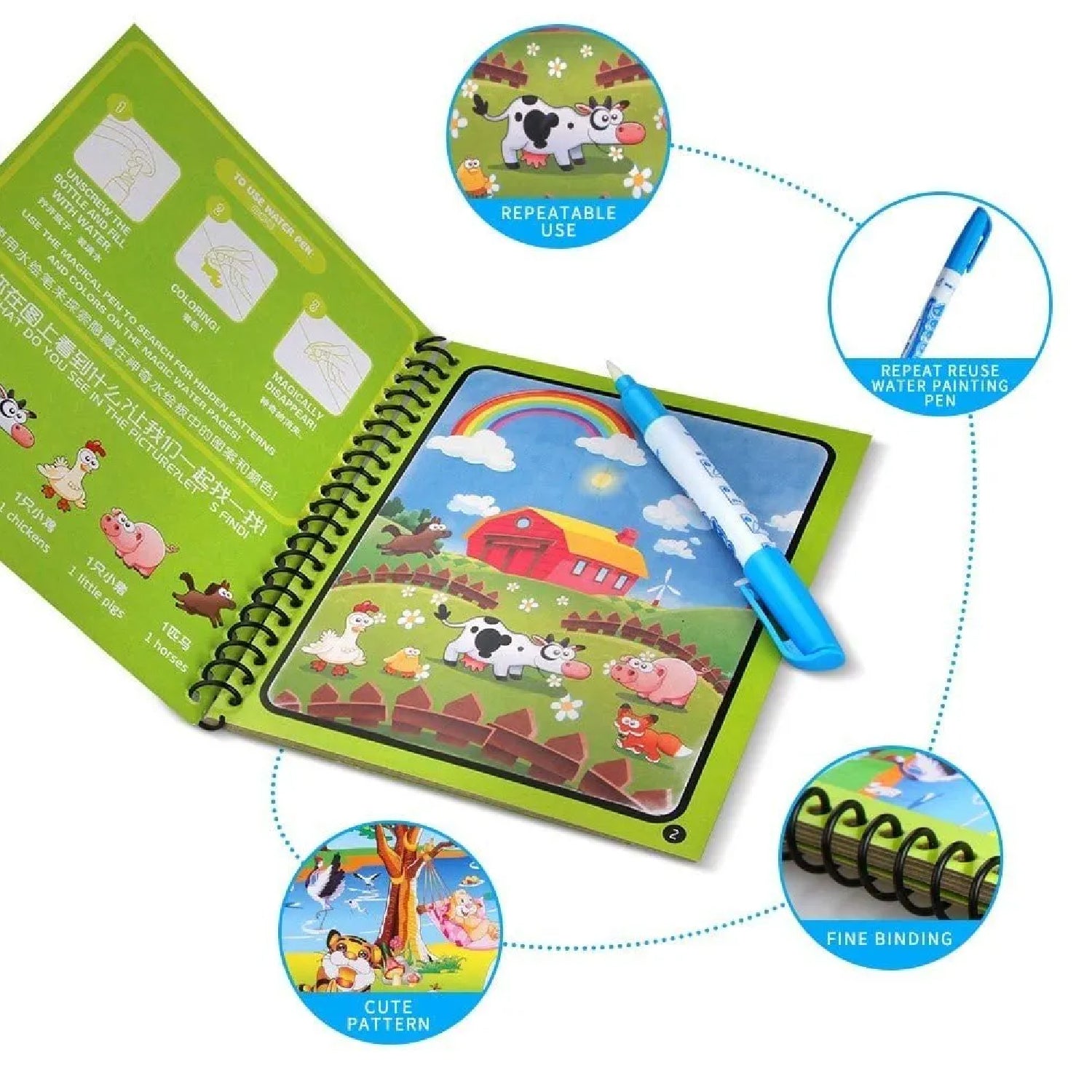 Wukusy Magic Water Coloring Book with magic pen and painting board, featuring quick-dry water doodles for kids’ creative play.
