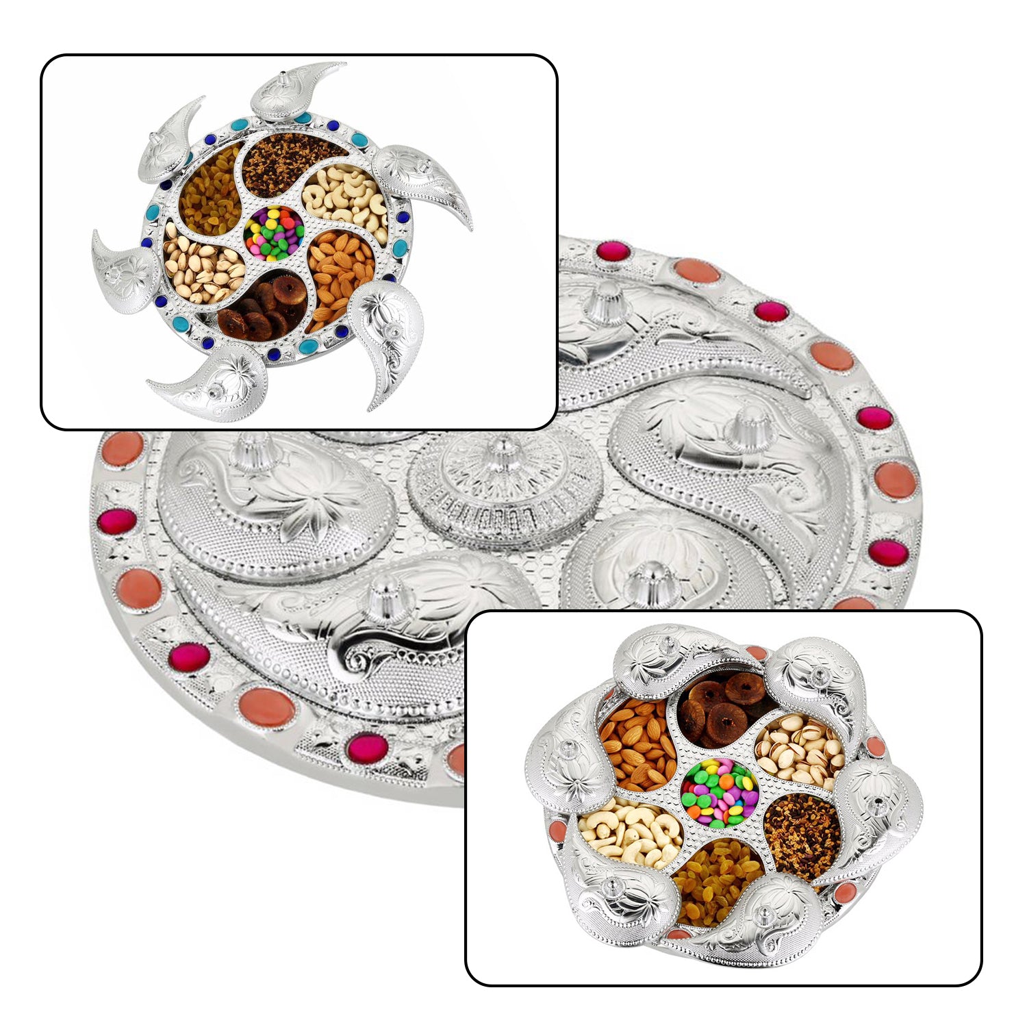 Wukusy 2075 multipurpose rotating dry fruit serving tray with 7 compartments for candies, chocolates, snacks, and spices.