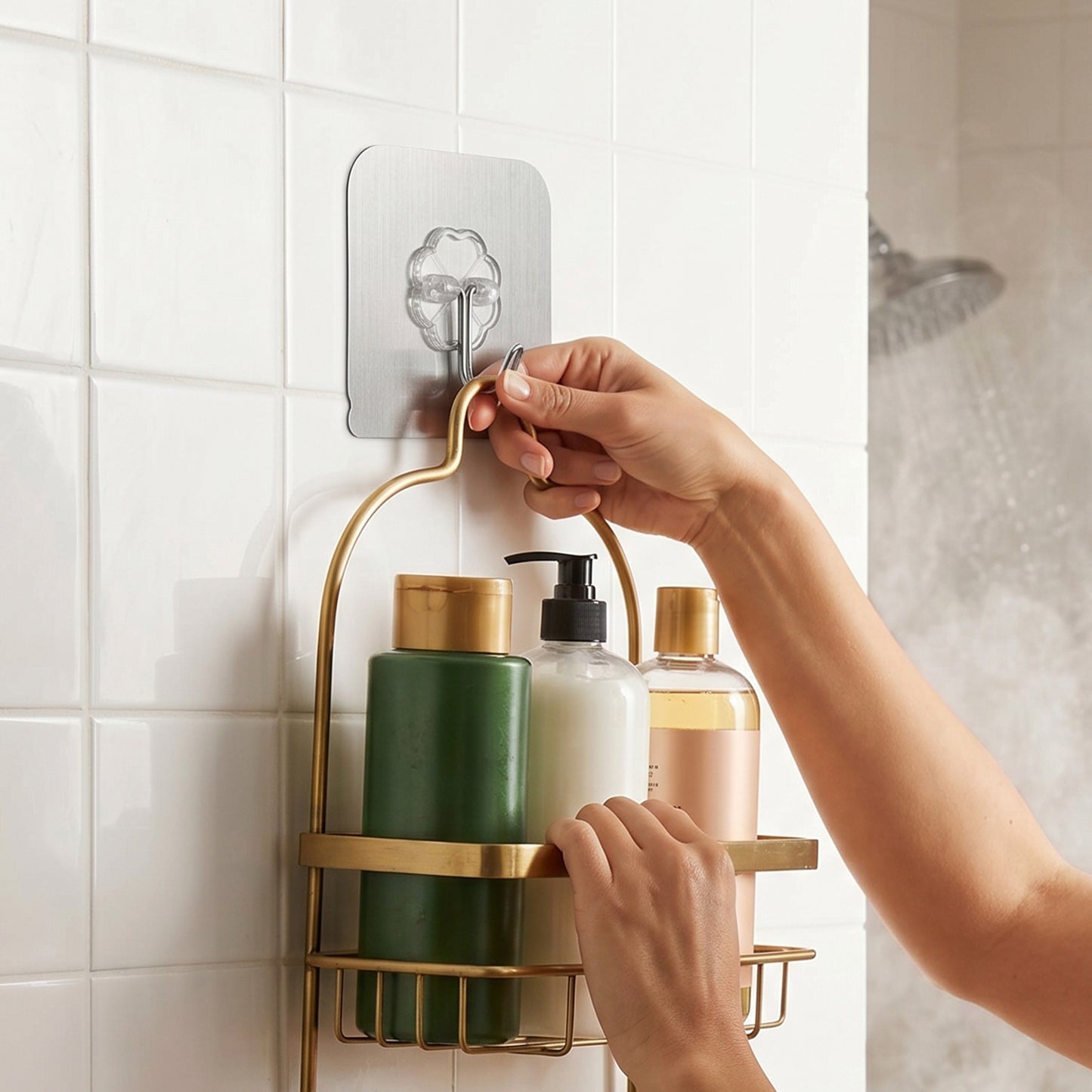 Transparent heavy-duty self-adhesive wall hook by Wukusy mounted on a wall, showing its clear design and sturdy adhesive backing.