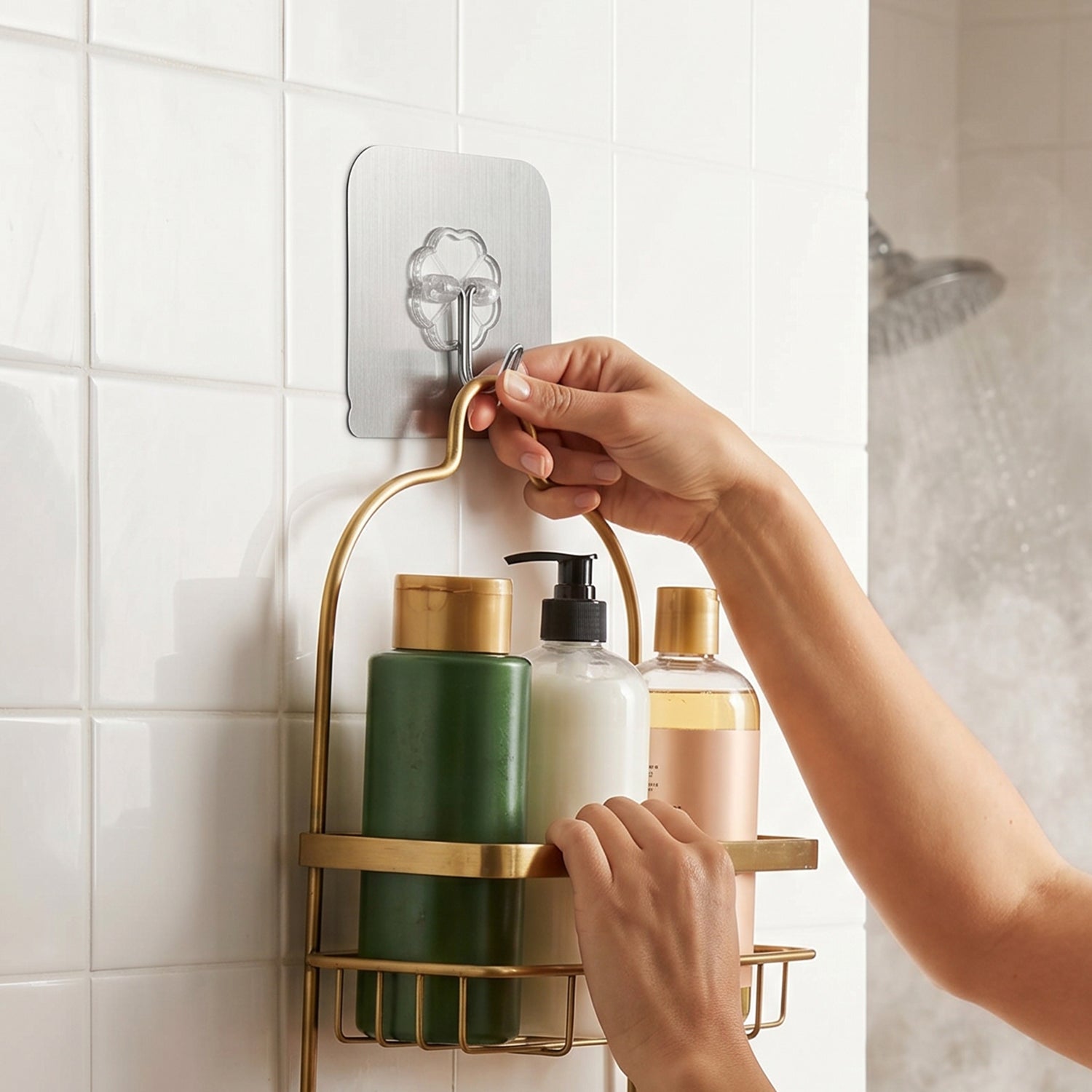 Transparent heavy-duty self-adhesive wall hook by Wukusy mounted on a wall, showing its clear design and sturdy adhesive backing.