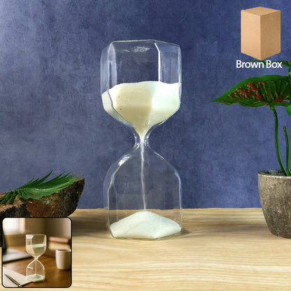 Wukusy elegant glass hourglass sand timer for office use, showcasing flowing sand inside a clear, stylish glass container.