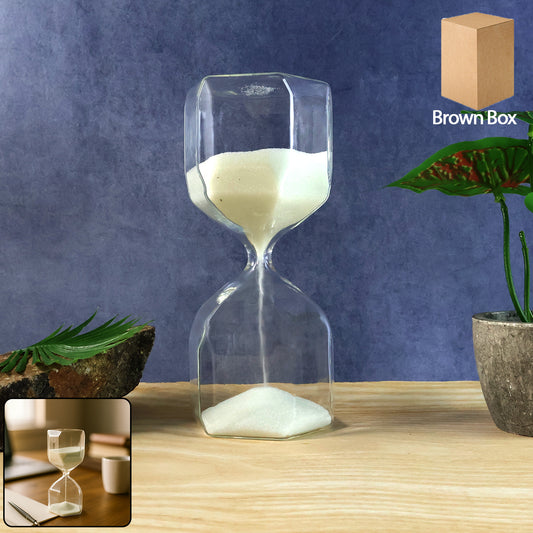 Wukusy elegant glass hourglass sand timer for office use, showcasing flowing sand inside a clear, stylish glass container.