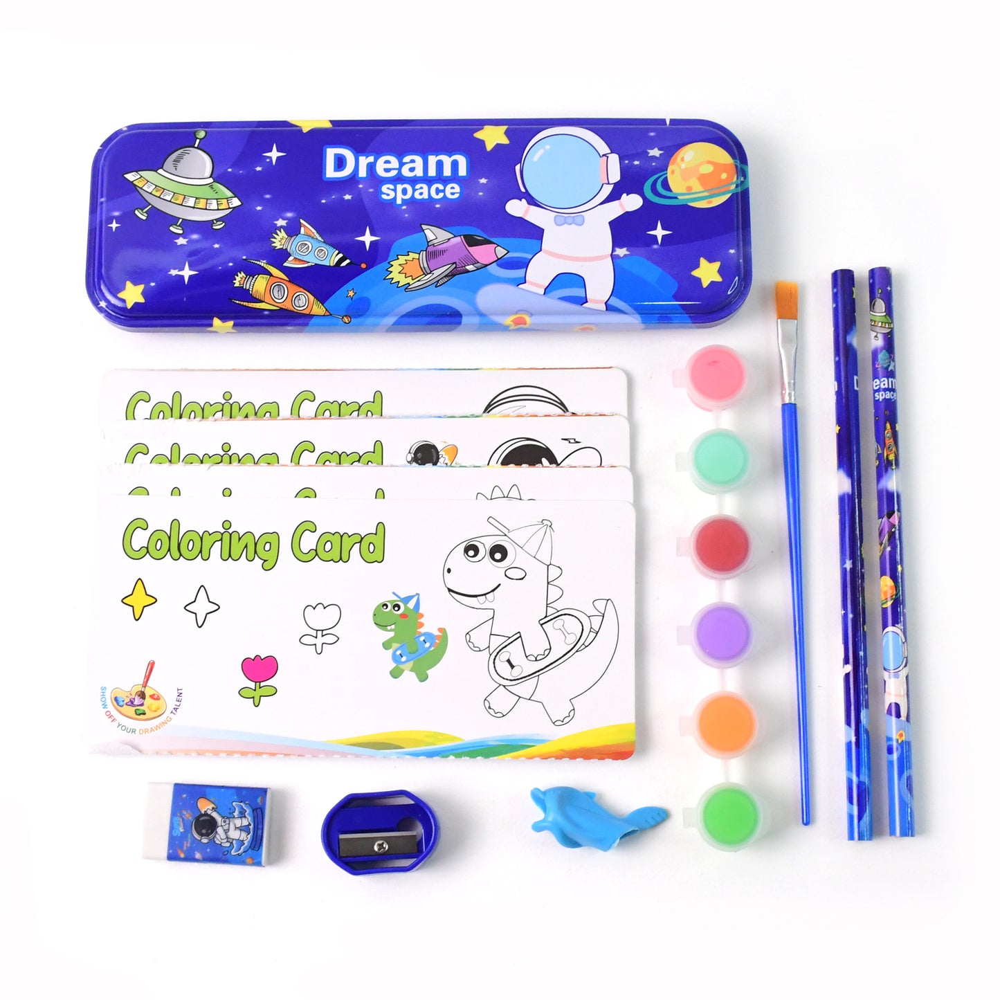 Set of space-themed kids stationery by Wukusy, includes colorful notebooks, pens, and stickers featuring stars and planets.