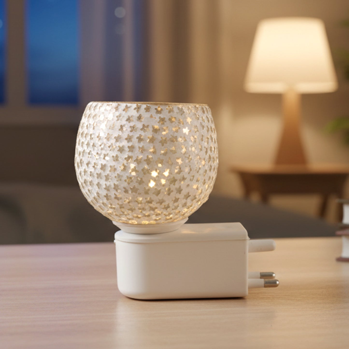 Wukusy premium plug-in star cut glass aroma diffuser night lamp with soft glow and decorative star design.