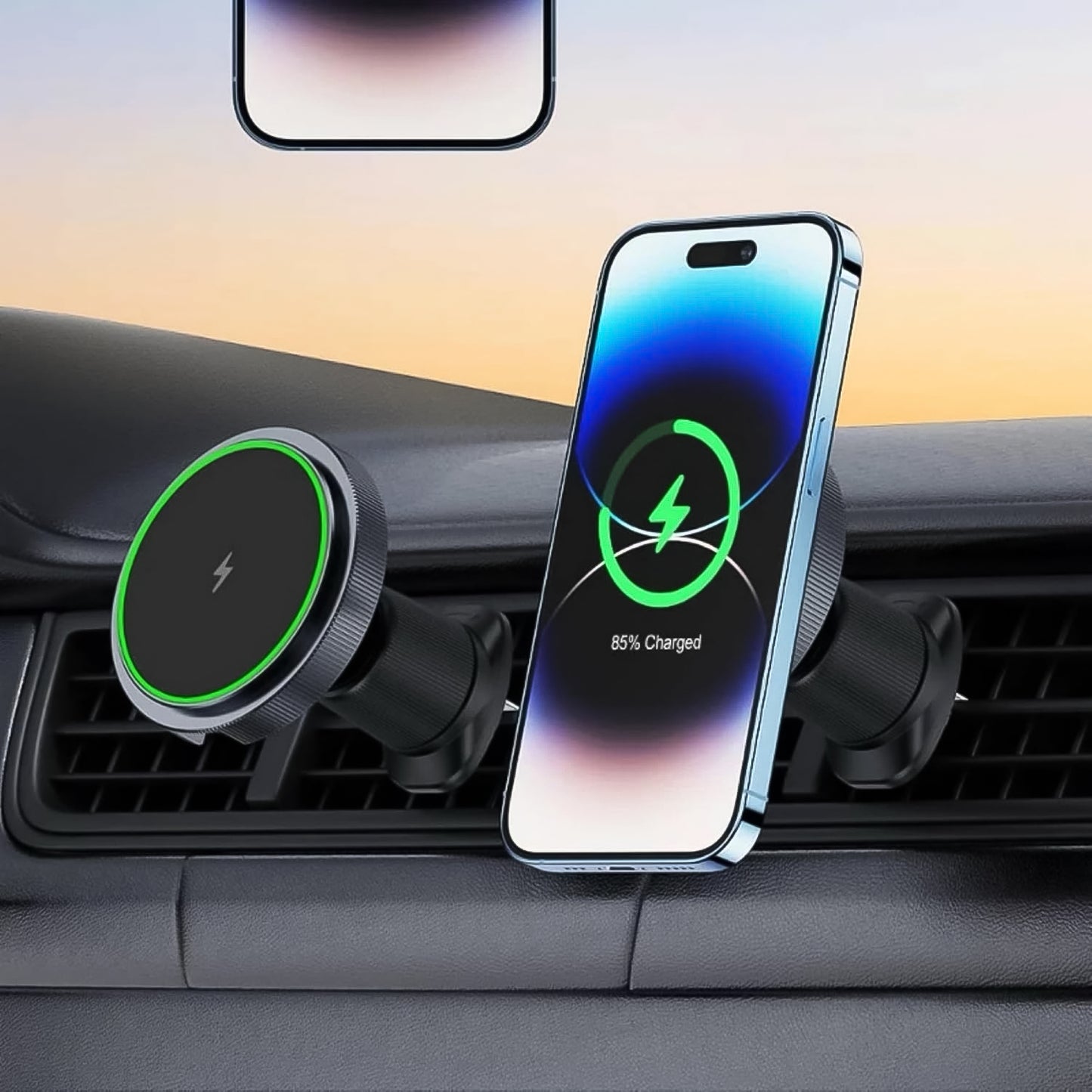 Wukusy magnetic phone mount wireless charger with music reactive lights, showing a smartphone securely attached in a car setting