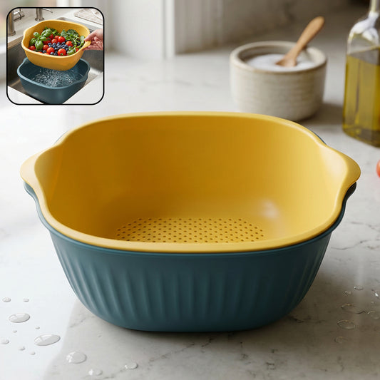 Wukusy 2-in-1 plastic washing bowl with drain basket, versatile kitchen tool for laundry and cleaning, shown with basket inserted