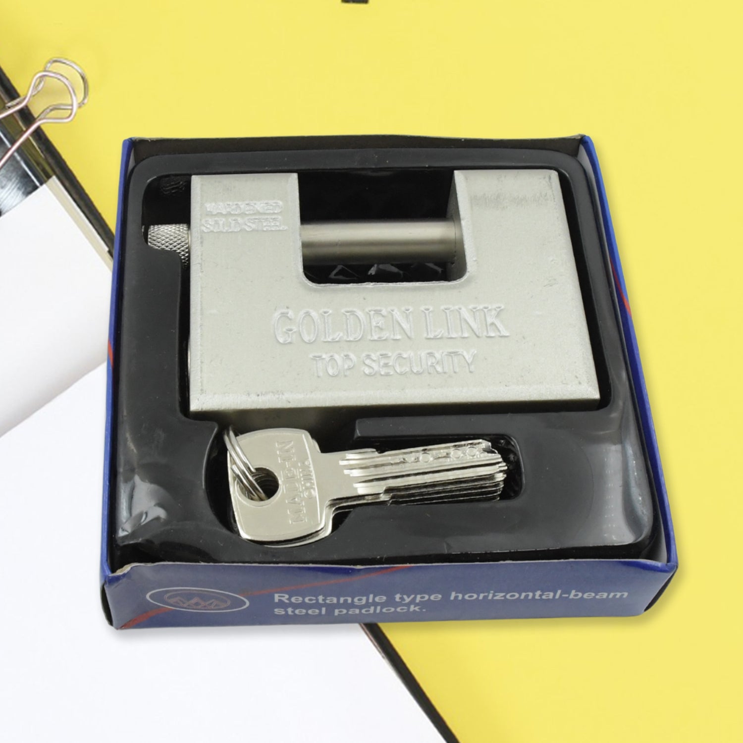 Wukusy 9323 stainless steel rectangular padlock with 5 keys, waterproof, anti-rust, high resistance for outdoor gates, sheds, and doors.