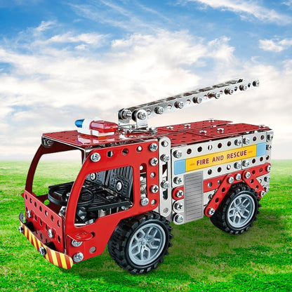 Wukusy metal DIY fire truck building blocks toy set with 292 pieces, including truck and tool parts for kids' creative play.