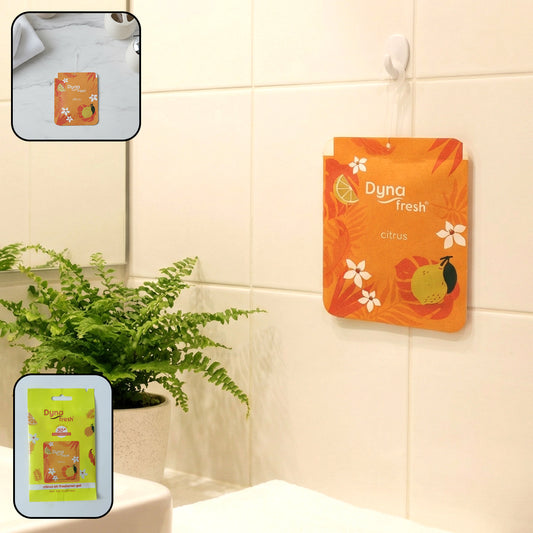Wukusy Citrus Hanging Air Freshener Gel, 10g, with fresh citrus scent, hanging from a hook in a home setting
