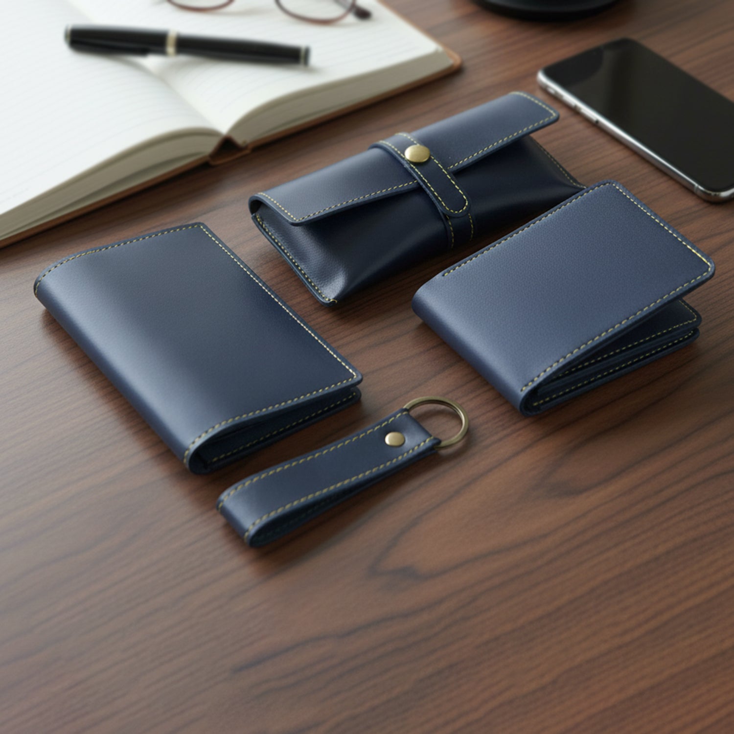 Wukusy 4-in-1 men's premium PU leather wallet gift set with four sleek wallets and accessories displayed on a white background.