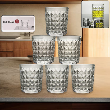 Six Wukusy crystal-style glass tumblers, 210 ml each, arranged on a white surface, showcasing clear, elegant drinkware.