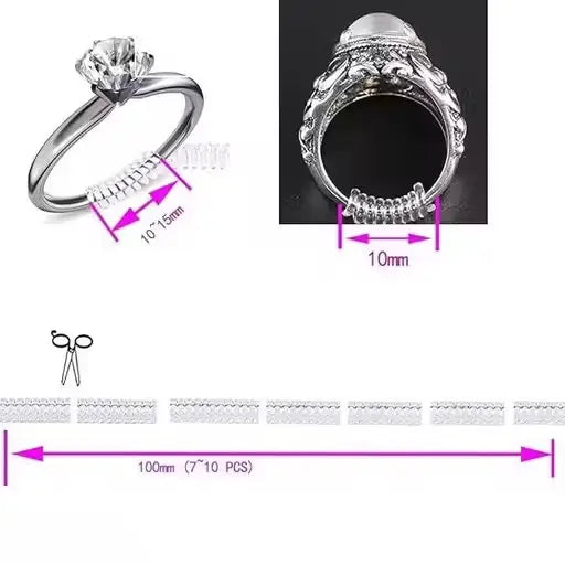 Ekom invisible ring size adjuster in four sizes shown on a jewelry ring, helps fit loose rings securely and comfortably.