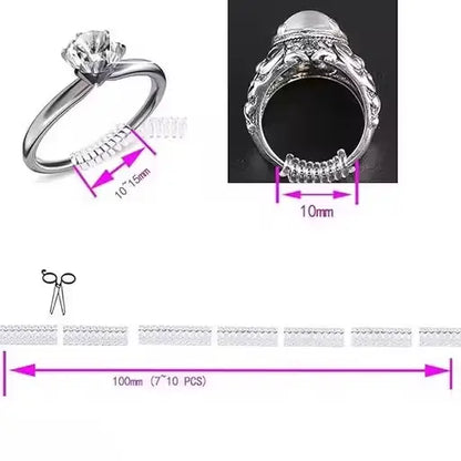 Ekom invisible ring size adjuster in four sizes shown on a jewelry ring, helps fit loose rings securely and comfortably.