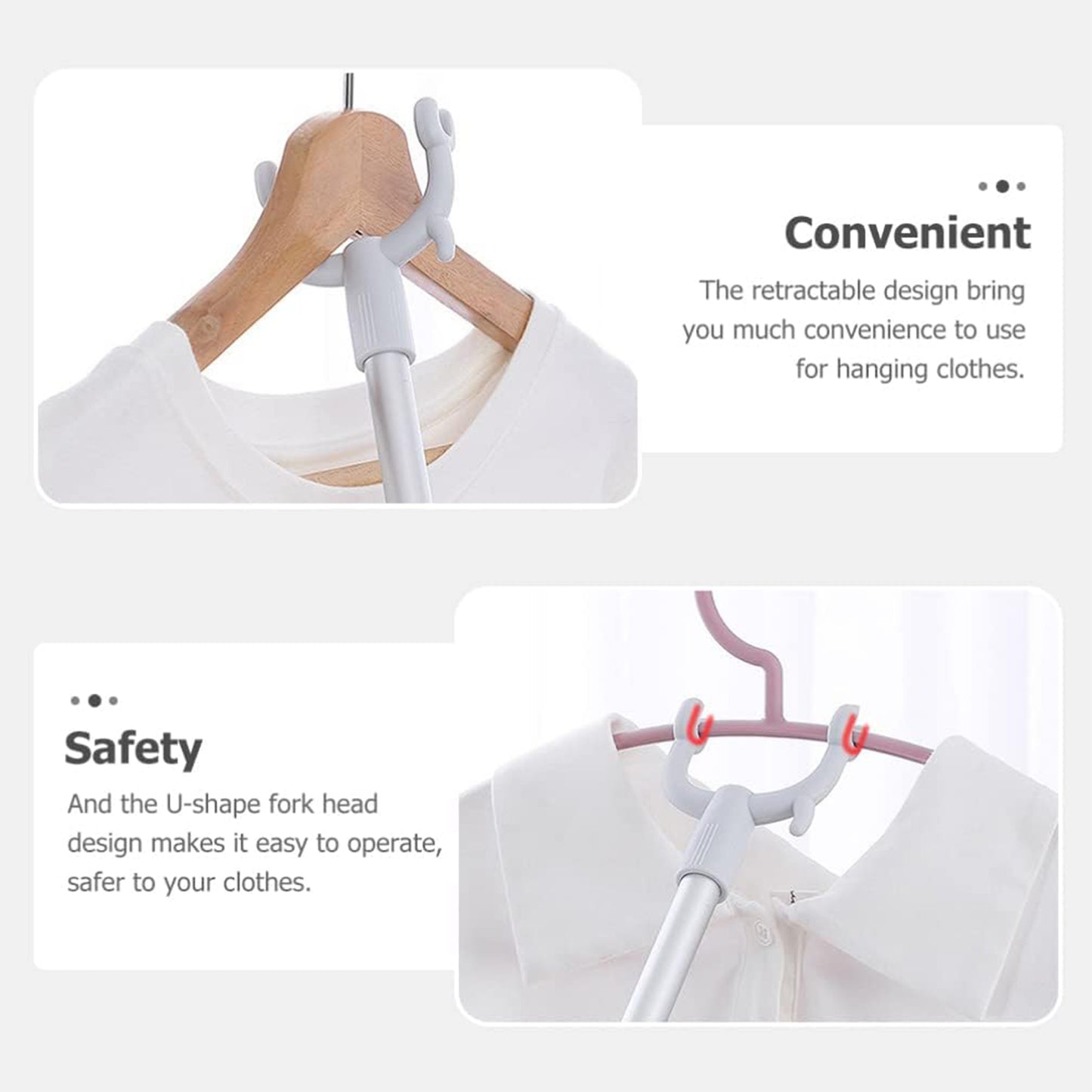 Wukusy premium long reach clothes hook rod, 86 cm, for home improvement, showing the metal hook and mounting end