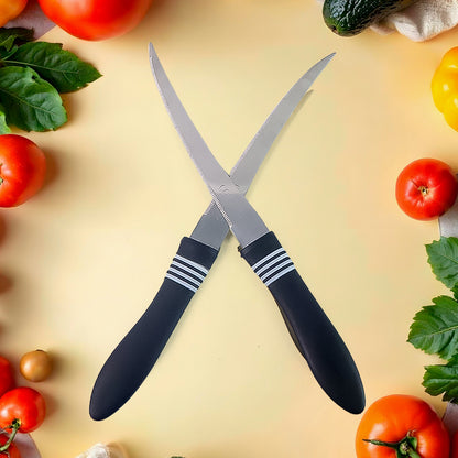Wukusy premium curved serrated stainless steel kitchen knife set with two colorful knives on a wooden cutting board.