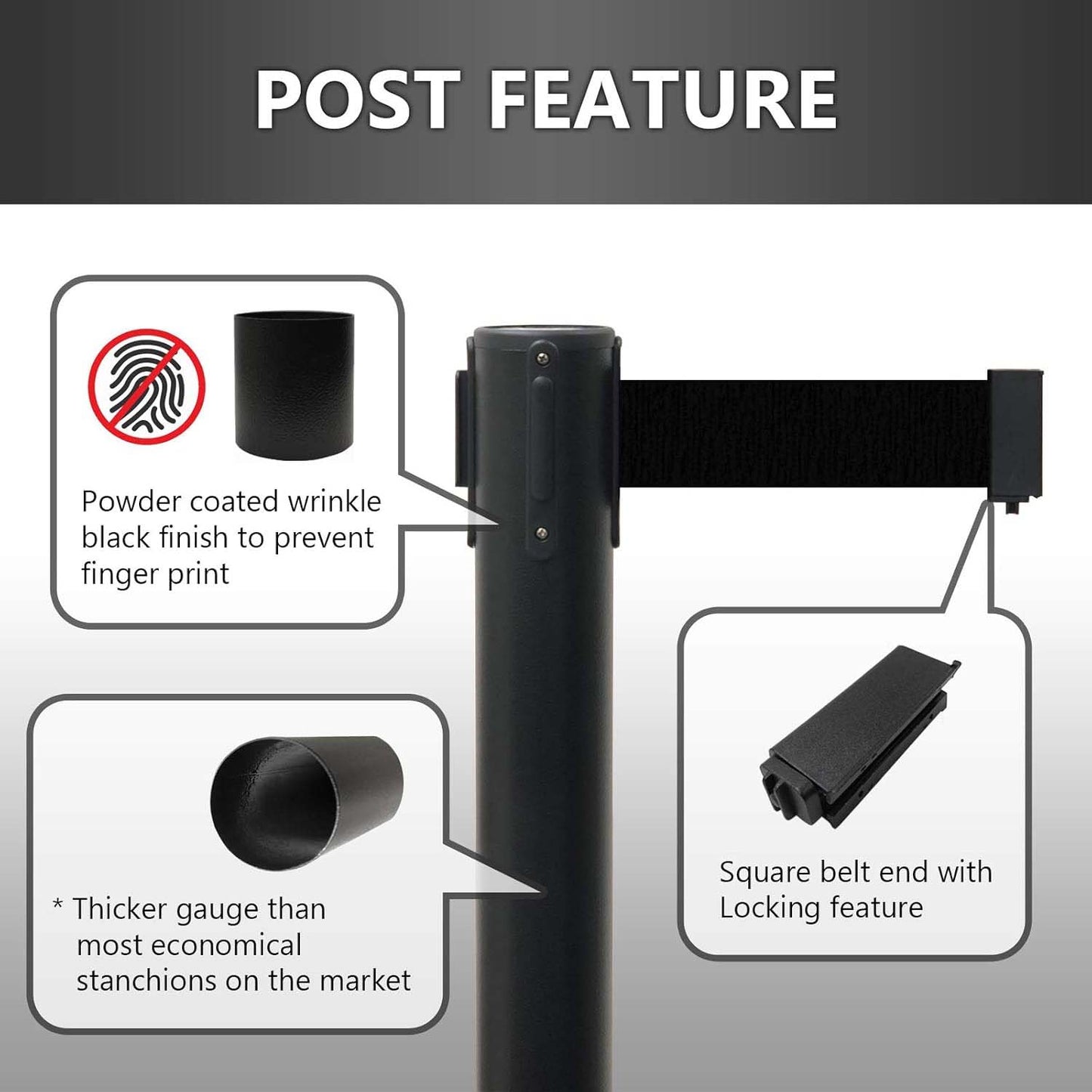 Wukusy heavy-duty retractable belt crowd control pole with sturdy base, designed for managing queues and events.