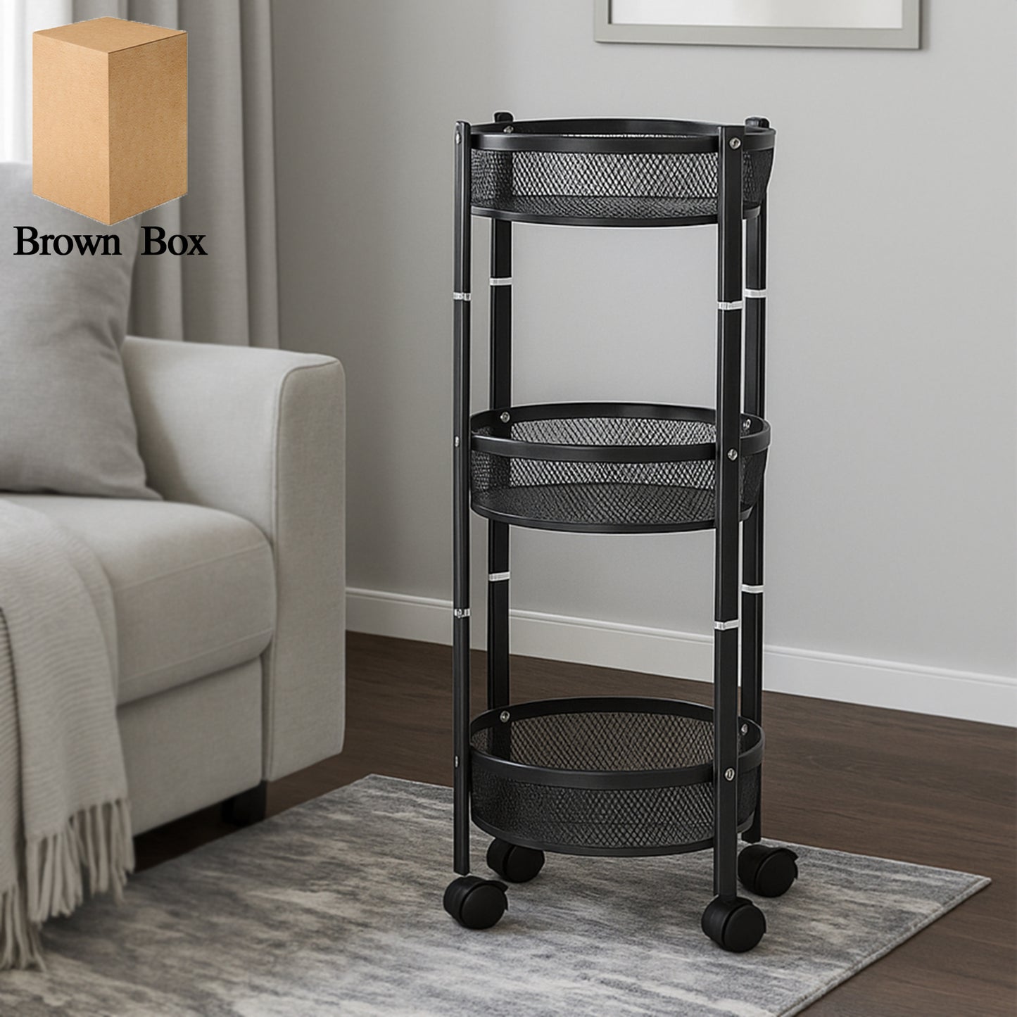 Wukusy 3-layer round metal mesh utility storage trolley with wheels, ideal for home improvement and organization.