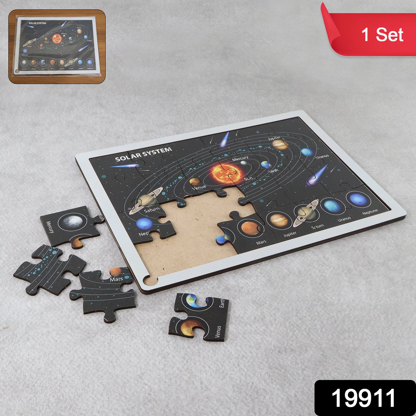 Wooden Solar System puzzle toy for kids by Wukusy, featuring colorful planets and space-themed educational design.