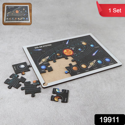 Wooden Solar System puzzle toy for kids by Wukusy, featuring colorful planets and space-themed educational design.