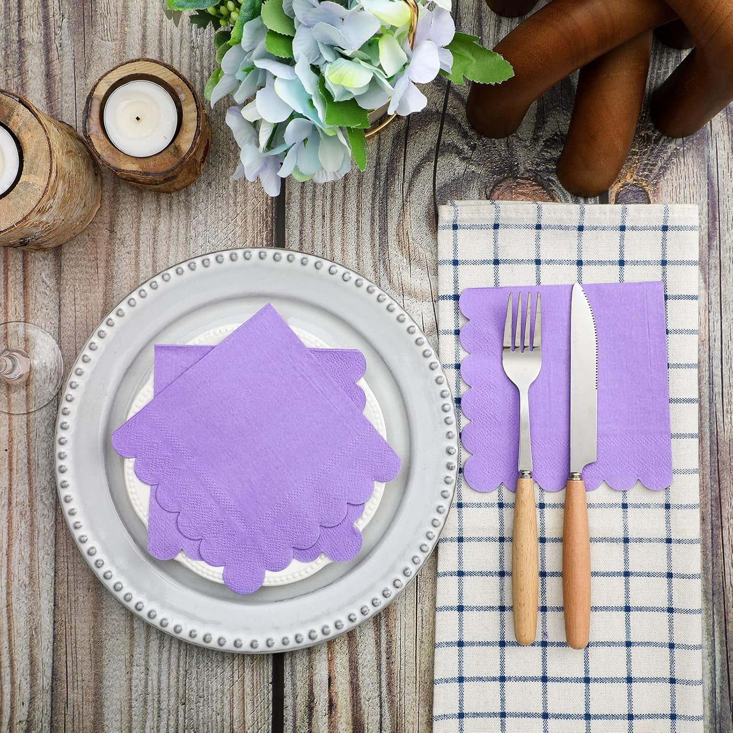 Lilac scalloped disposable paper napkins, 23x23 cm, Wukusy brand, set of 120 for home and kitchen use