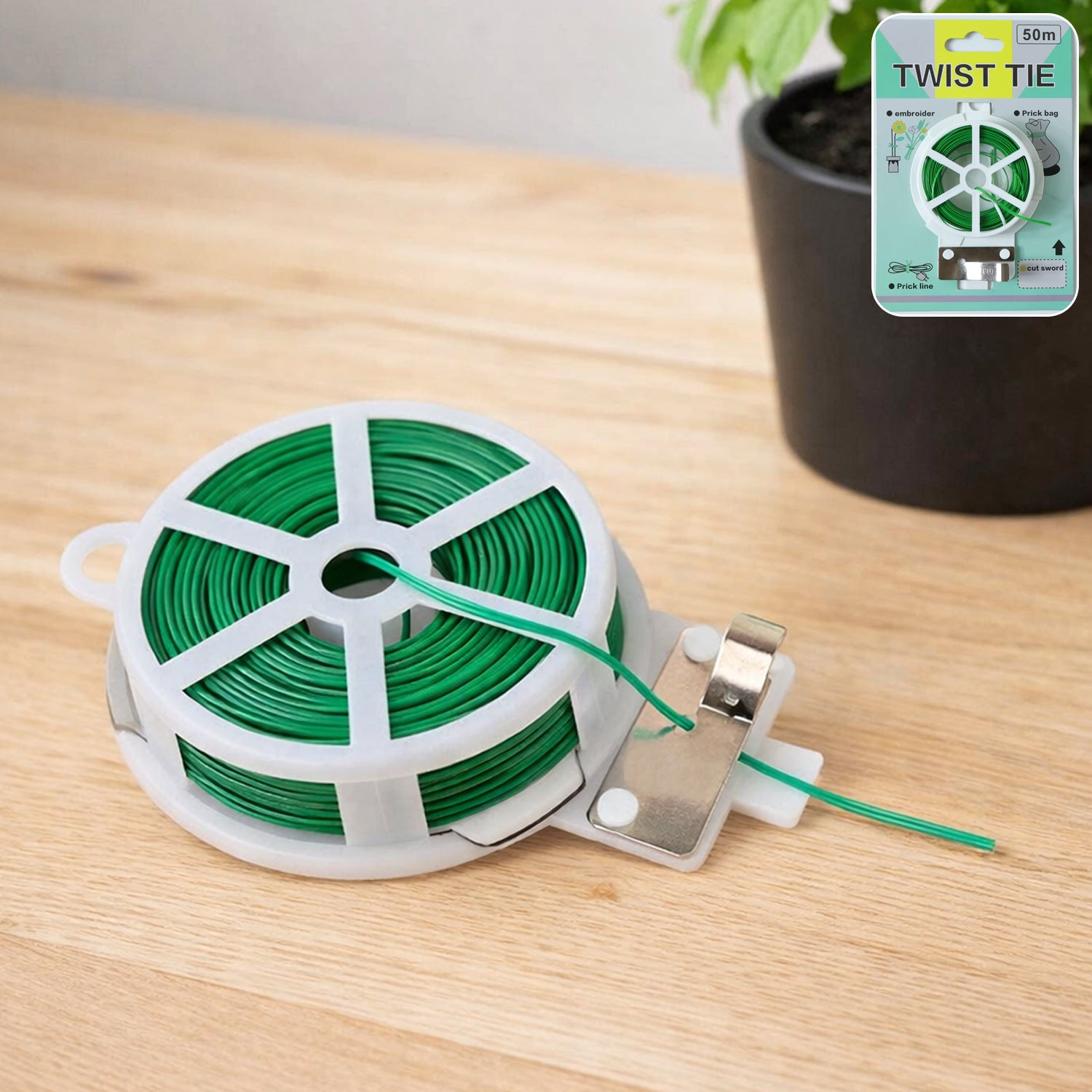 Reusable green twist tie roll by Wukusy, 50 meters long, shown coiled and ready for bundling or securing items.