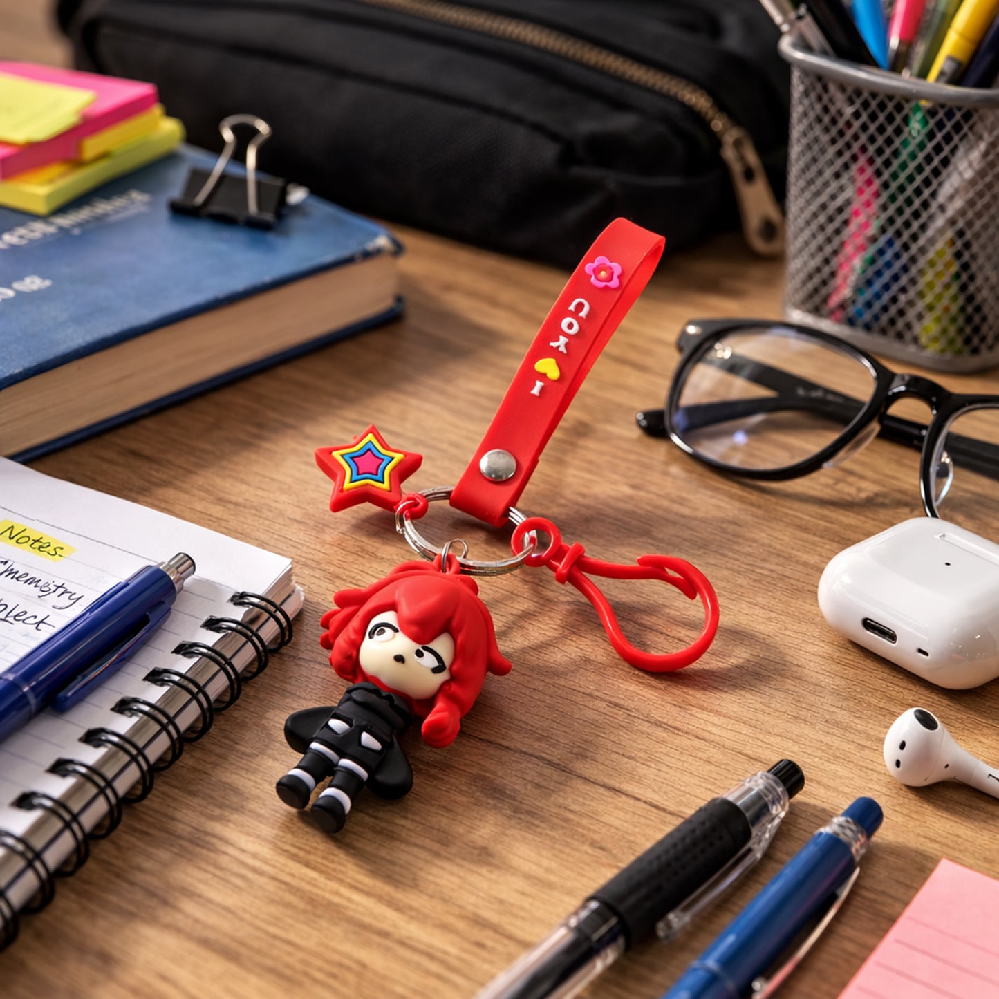 Wukusy cute cartoon girl character keychain with strap and decorative charm, featuring colorful details and playful design.
