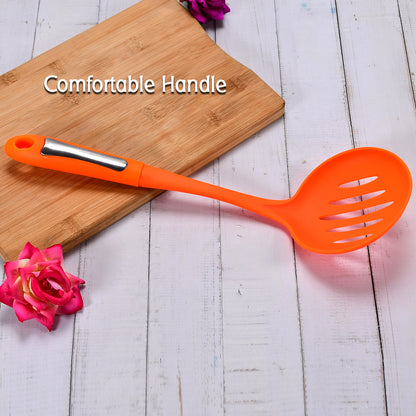 Wukusy 35cm nylon cooking shovels and vegetable colander scoop with large soup filter for kitchen food preparation and straining.