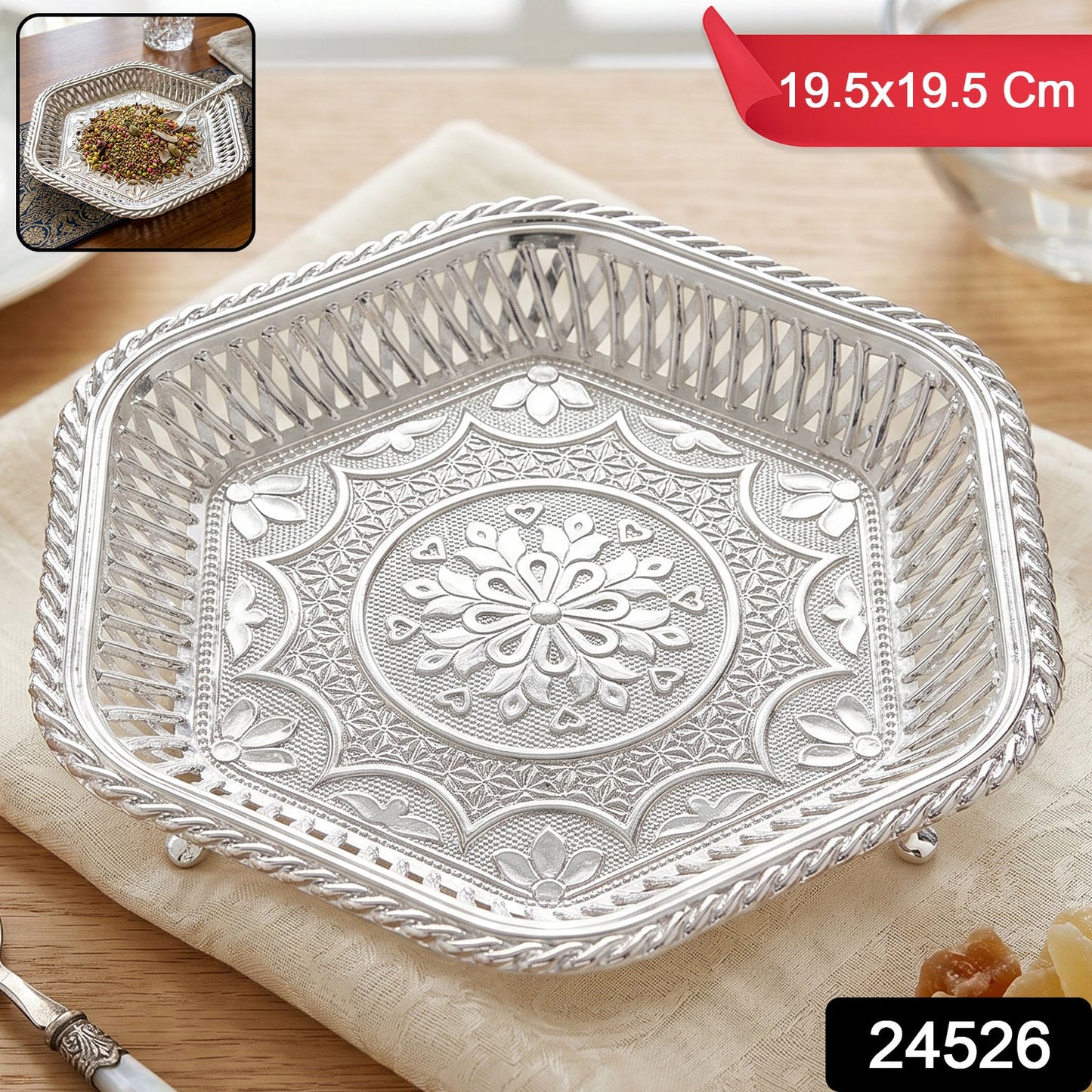 Decorative silver serving tray by Wukusy with traditional embossed floral design, featuring intricate floral patterns on a shiny surface.