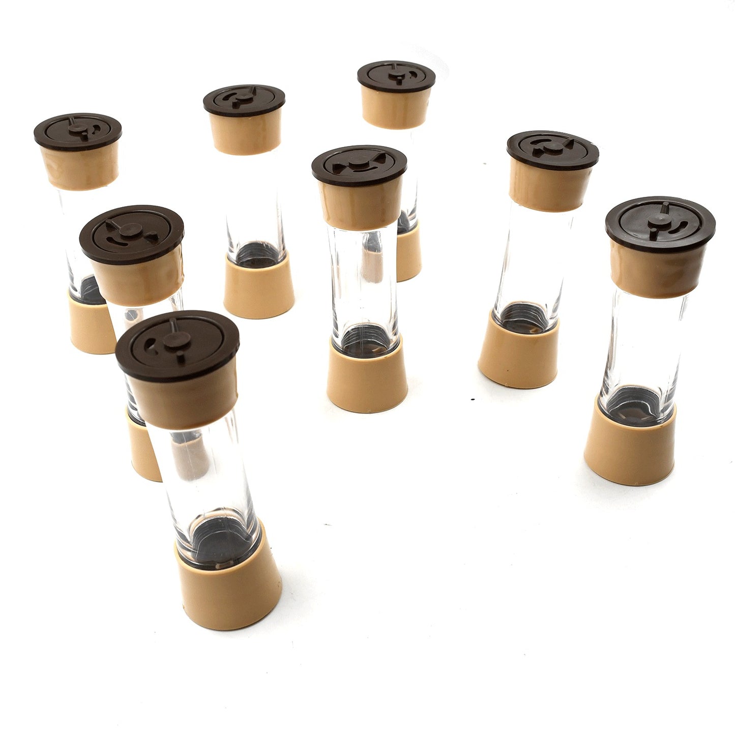 Wukusy 360 revolving spice rack with 8 glass jars filled with herbs and spices, designed for kitchen or dining table organization.