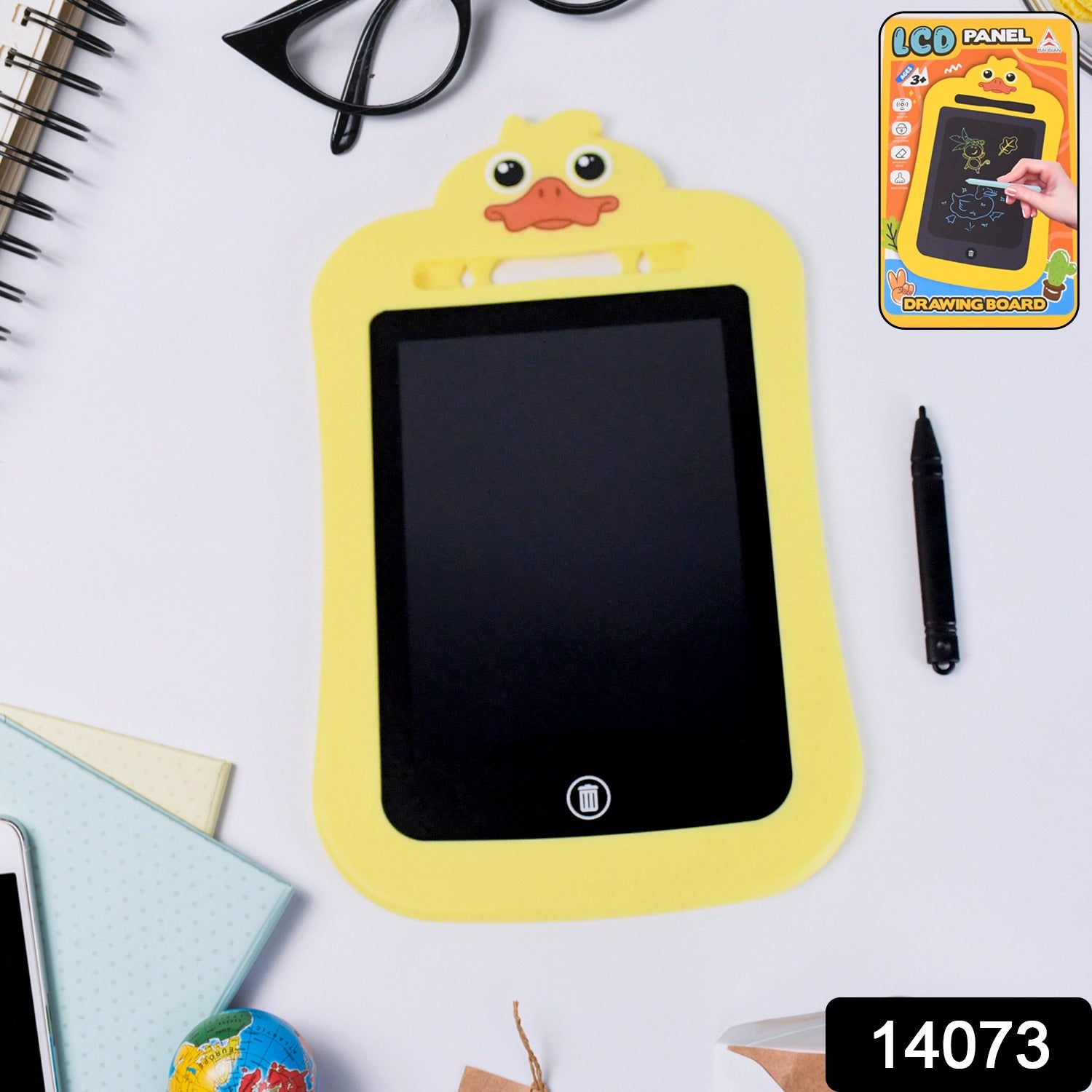 Wukusy kids portable LCD writing tablet showing colorful drawing on a blue background for children’s educational use.