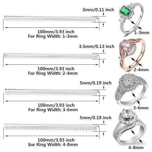 Ekom invisible ring size adjuster in four sizes, designed to fit loose rings and secure jewelry, shown on a jewelry ring.