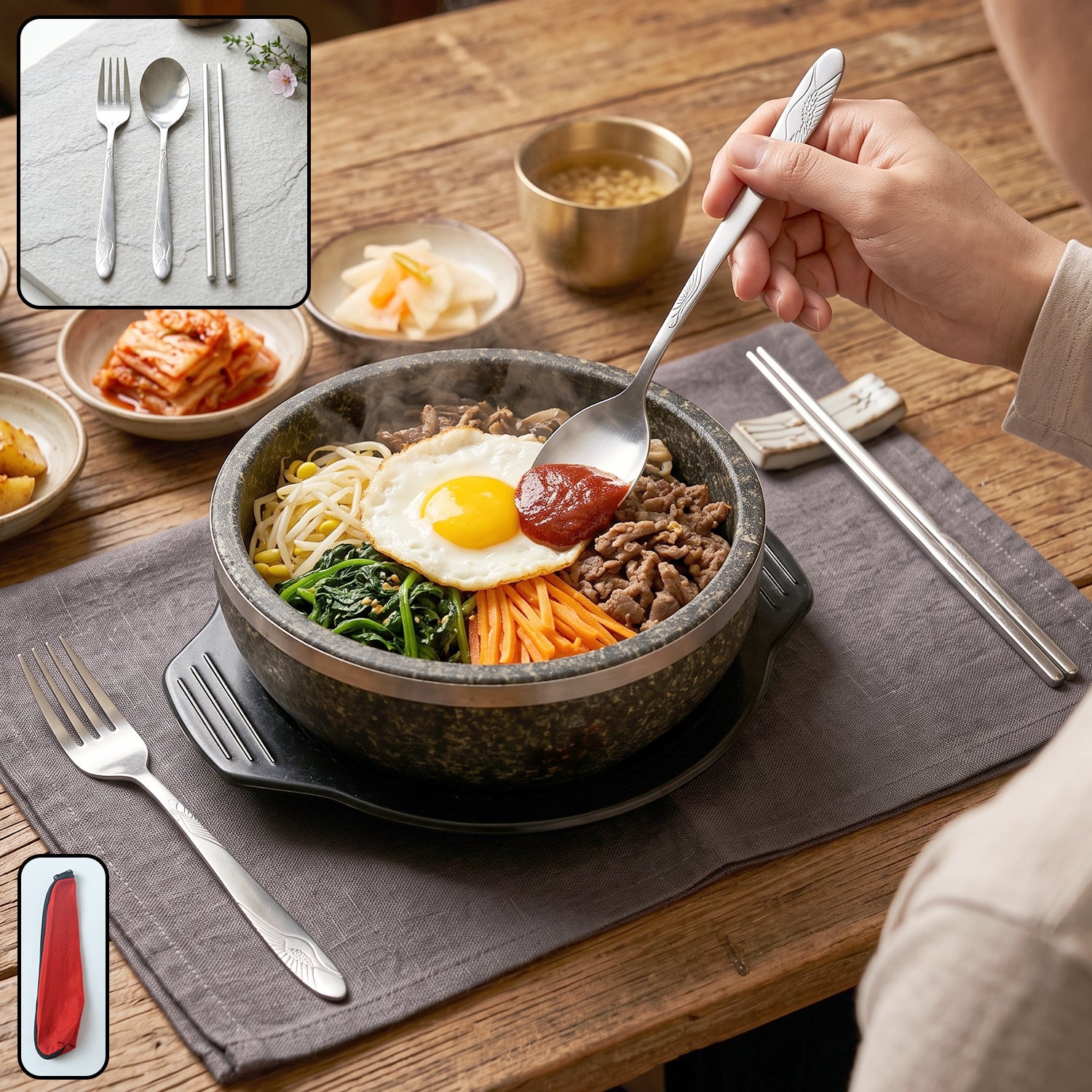 Portable stainless steel cutlery set with fork, spoon, chopsticks in a pouch by Wukusy, perfect for travel and outdoor dining.