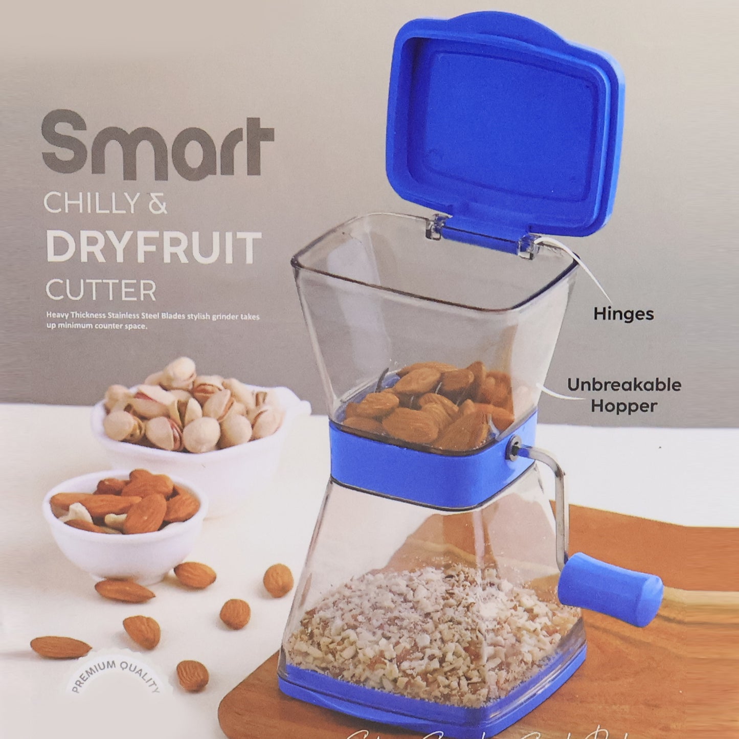 Wukusy Supermom manual cutter with blades and locking lid, shown in a kitchen setting for precise food cutting and safety.
