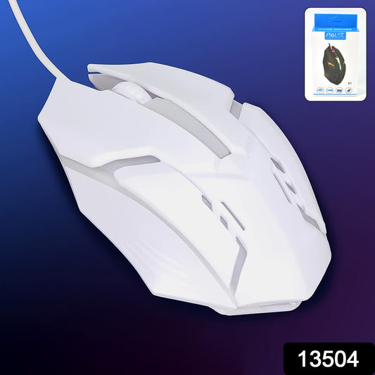 White Wukusy USB wired gaming mouse with colorful luminous lighting and ergonomic design.