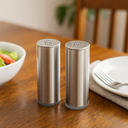 Wukusy stainless steel salt and pepper shaker set, 2-piece, with sleek metallic finish and clear dispensing holes on top.