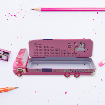 Wukusy double-decker magic ice cream truck pencil case with movable wheels, metal construction, and built-in sharpener.