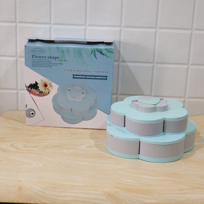 Wukusy rotating flower-shaped candy dish and snack box with multiple sections and phone holder, colorful and practical kitchen organizer.
