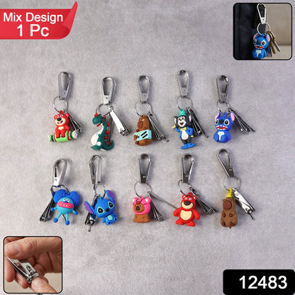 Wukusy cartoon nail cutter keychain with mini nail clipper featuring colorful mix design, attached to a keychain on a white background