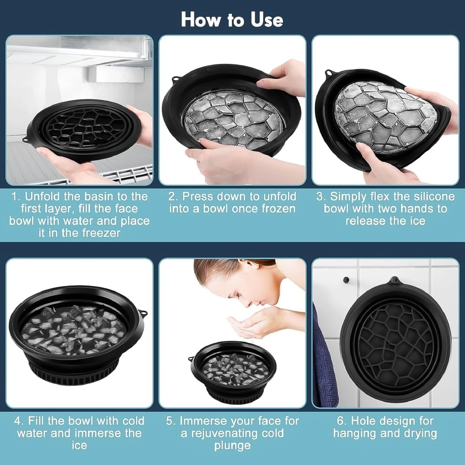 Wukusy facial ice bowl for skincare, cooling mold used for ice therapy face treatment, with a clear plastic bowl and ice cubes inside.