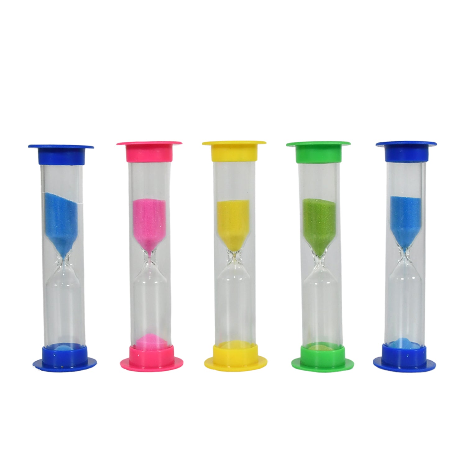 Set of five Wukusy plastic sand timers, 3-minute hourglasses for kitchen, bathroom, and classroom use, with colorful sand and clear glass.