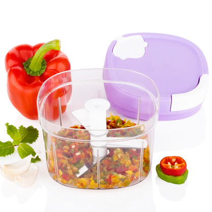 Wukusy 2-in-1 handy chopper and slicer kitchen tool with 600ml capacity, showing stainless steel blades and plastic container.