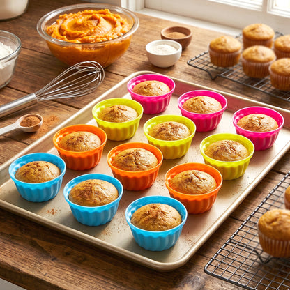 Set of 12 reusable silicone cupcake molds by Wukusy, flexible and non-stick for baking cupcakes and muffins.