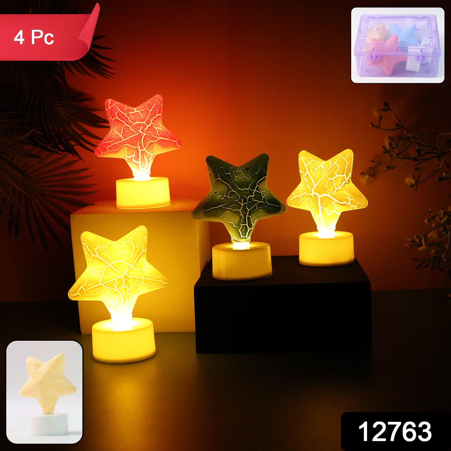Four star-shaped decorative LED tealight candles by Wukusy for home decor, glowing softly on a table setting.
