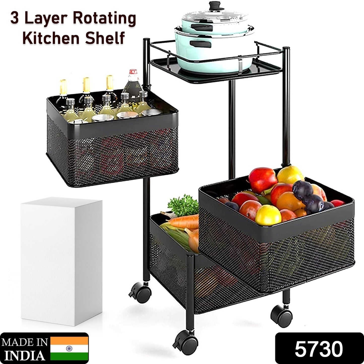 Wukusy metal kitchen trolley with 4 layers and wheels, used for storing fruits, vegetables, onions, and kitchen accessories.
