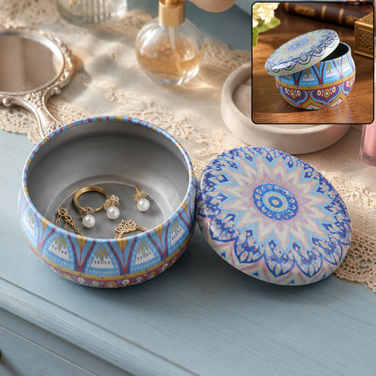 Wukusy metal mandala tin box with decorative round design, ideal for candles and trinkets, shown with intricate patterns.