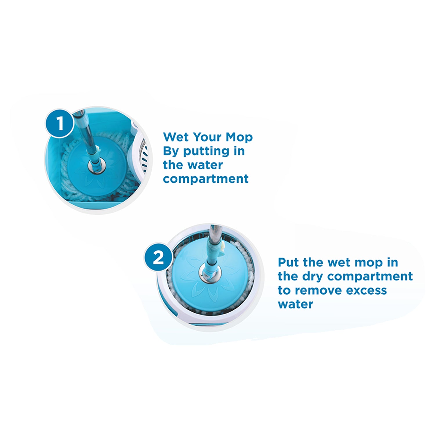 Wukusy 8703 spin mop with larger wheels and auto fold handle for 360-degree cleaning, shown with mop and bucket setup.