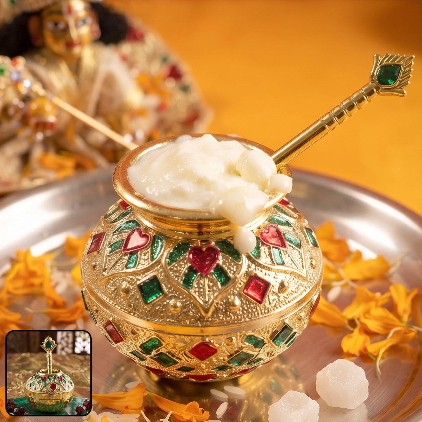 Wukusy Laddu Gopal Makhan Matki decorative pooja pot set with spoon, traditional Indian worship accessories, 2-piece design